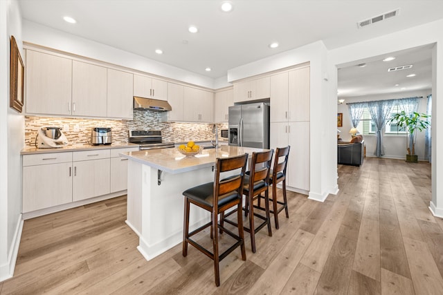 5696 Surfrider Way Unit 101, Goleta, CA 93117 - kitchen featuring appliances with stainless steel finishes, under cabinet range hood, light countertops, a kitchen breakfast bar, and decorative backsplash