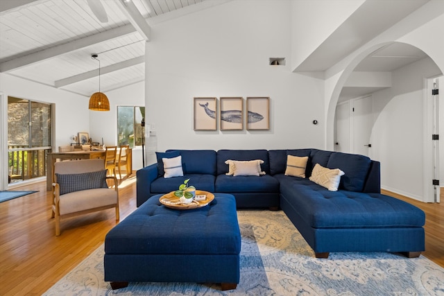 2648 State St Unit 32, Santa Barbara, CA 93105 - living room featuring wood finished floors, arched walkways, and wooden ceiling