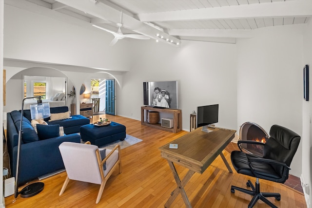 2648 State St Unit 32, Santa Barbara, CA 93105 - living room with light wood-style flooring, ceiling fan, arched walkways, and an office area