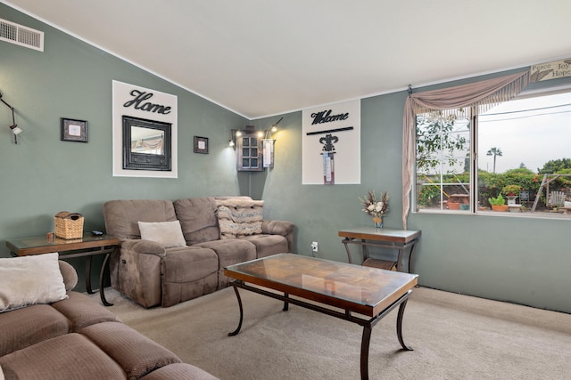 5671 Cathedral Oaks Rd, Goleta, CA 93117 - carpeted living area with vaulted ceiling and ornamental molding
