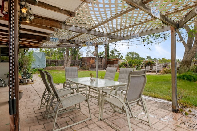 5671 Cathedral Oaks Rd, Goleta, CA 93117 - view of patio featuring outdoor dining area, a pergola, and a storage unit