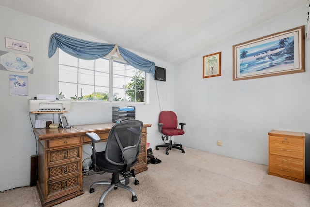5671 Cathedral Oaks Rd, Goleta, CA 93117 - office area featuring vaulted ceiling and carpet