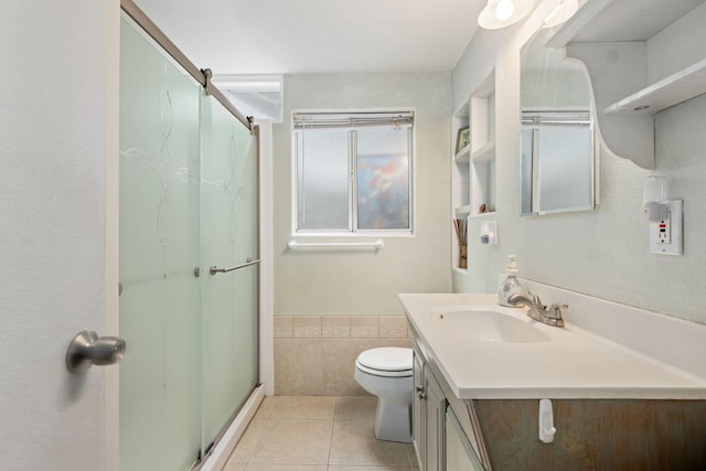 5671 Cathedral Oaks Rd, Goleta, CA 93117 - full bathroom featuring vanity, tile patterned floors, toilet, and a stall shower