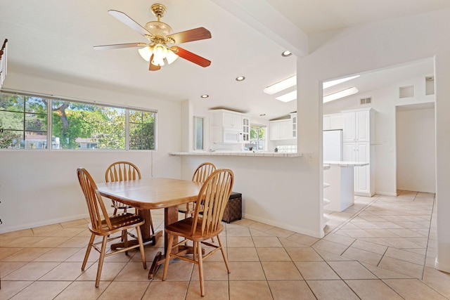 5671 Cathedral Oaks Rd, Goleta, CA 93117 - dining room featuring lofted ceiling, healthy amount of natural light, recessed lighting, a ceiling fan, and light tile patterned flooring