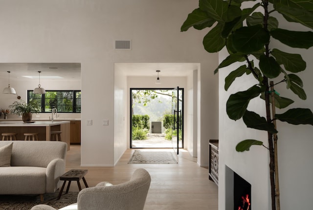 99 Sierra Vista Rd, Santa Barbara, CA 93108 - entrance foyer with light wood finished floors, plenty of natural light, and a high ceiling