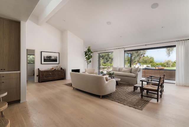 99 Sierra Vista Rd, Santa Barbara, CA 93108 - living area featuring light wood finished floors, beamed ceiling, and high vaulted ceiling