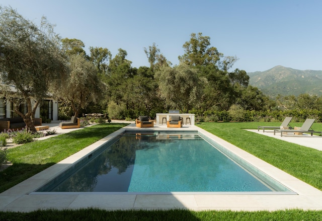 99 Sierra Vista Rd, Santa Barbara, CA 93108 - outdoor pool with a lawn, a mountain view, a patio area, and outdoor lounge area