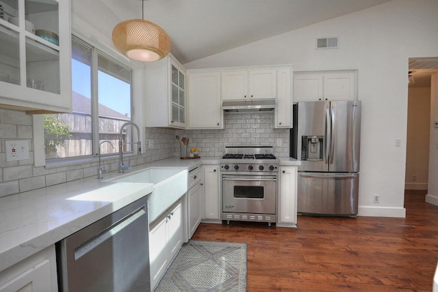 227 Menlo Dr, Buellton, CA 93427 - kitchen with stainless steel appliances, under cabinet range hood, vaulted ceiling, a sink, and backsplash