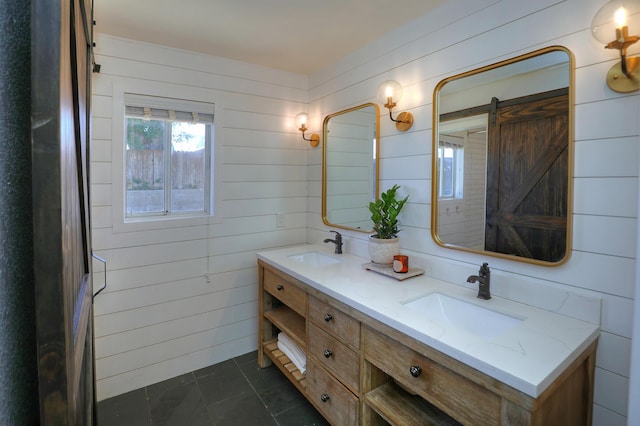 227 Menlo Dr, Buellton, CA 93427 - bathroom with double vanity, tile patterned flooring, and wooden walls