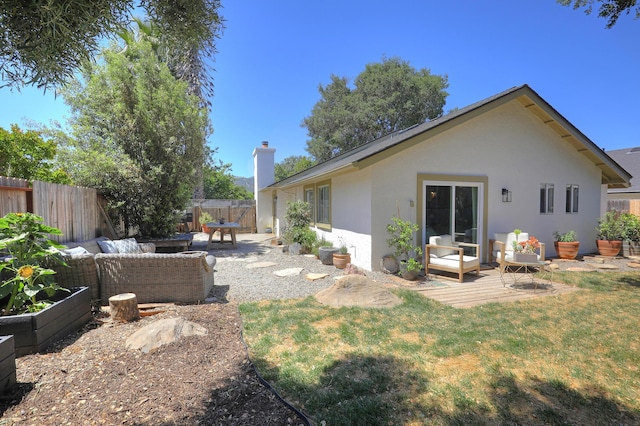 227 Menlo Dr, Buellton, CA 93427 - rear view of house with an outdoor hangout area, stucco siding, a chimney, and a patio area