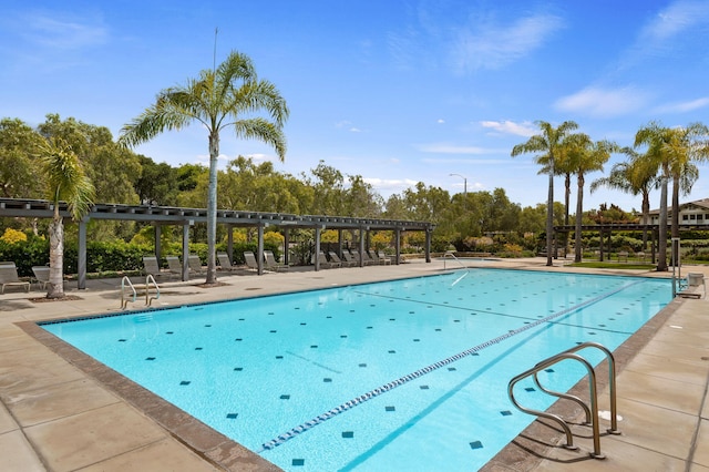 598 Poppyfield Pl, Goleta, CA 93117 - community pool featuring view of wooded area, a patio, and a pergola