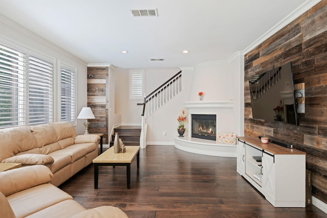 4538 Marrisa Way, Camarillo, CA 93012 - living area featuring recessed lighting, dark wood-type flooring, baseboards, stairs, and a large fireplace