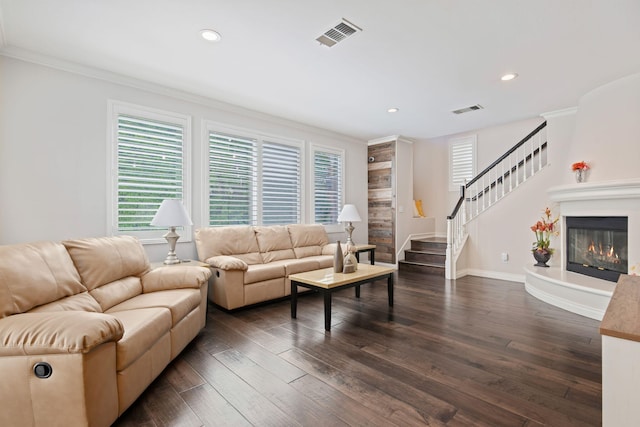 4538 Marrisa Way, Camarillo, CA 93012 - living area featuring plenty of natural light, recessed lighting, ornamental molding, stairway, and dark wood finished floors