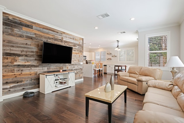 4538 Marrisa Way, Camarillo, CA 93012 - living room with dark wood finished floors, ornamental molding, recessed lighting, and baseboards