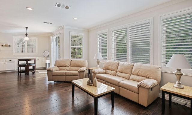 4538 Marrisa Way, Camarillo, CA 93012 - living area featuring ornamental molding, dark wood-style flooring, and recessed lighting