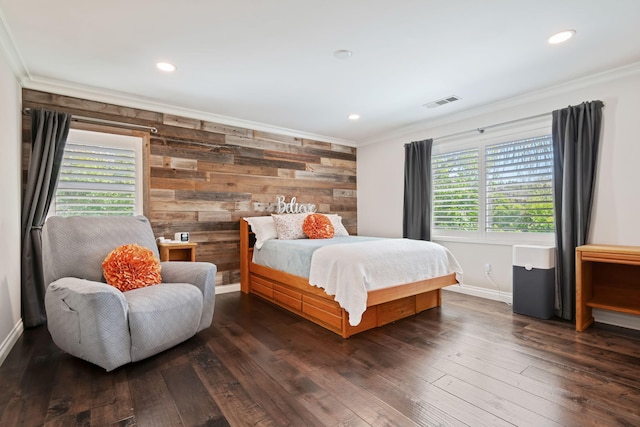 4538 Marrisa Way, Camarillo, CA 93012 - bedroom with crown molding, wooden walls, baseboards, wood-type flooring, and recessed lighting