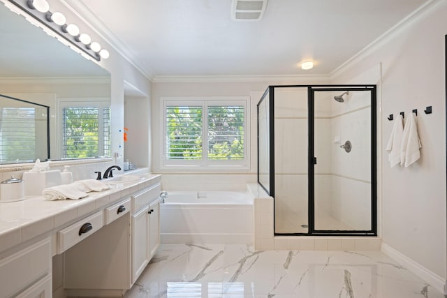 4538 Marrisa Way, Camarillo, CA 93012 - bathroom featuring vanity, a bath, a shower stall, marble finish floors, and baseboards