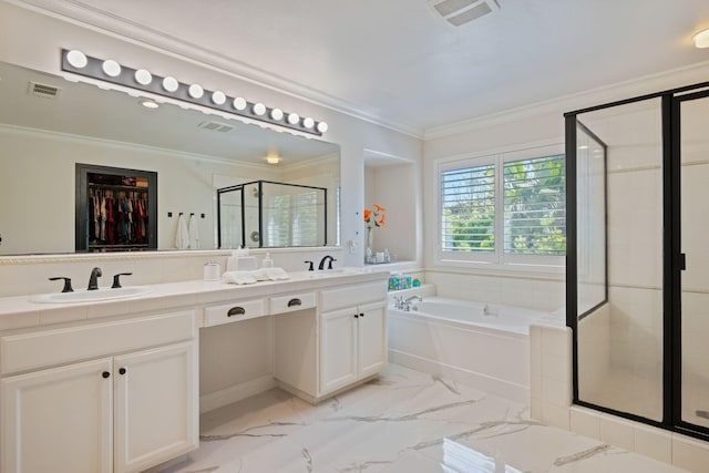 4538 Marrisa Way, Camarillo, CA 93012 - full bathroom with a shower stall, double vanity, a garden tub, ornamental molding, and a spacious closet