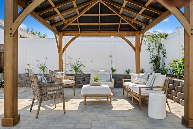 7352 Elmhurst Pl, Goleta, CA 93117 - fenced backyard with a gazebo, a patio area, and an outdoor living space