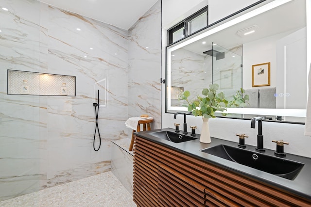 7352 Elmhurst Pl, Goleta, CA 93117 - full bathroom with a marble finish shower and double vanity