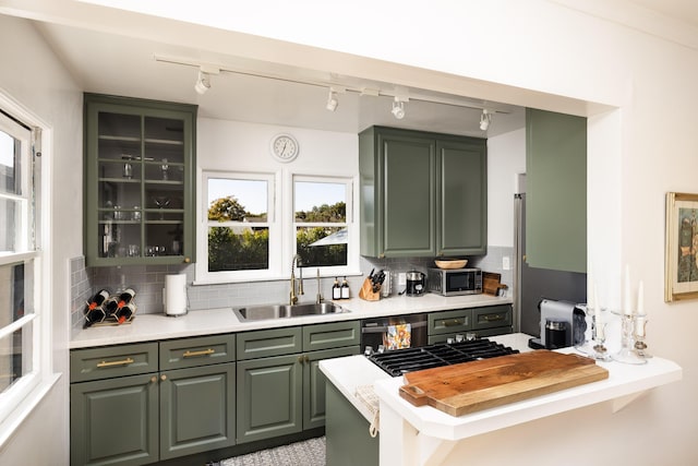 355 Palisades Dr, Santa Barbara, CA 93109 - kitchen featuring green cabinets, a sink, track lighting, and stainless steel microwave