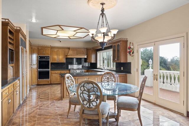 5287 N Creston Ln, Somis, CA 93066 - dining room featuring light marble finish floors, french doors, and a chandelier