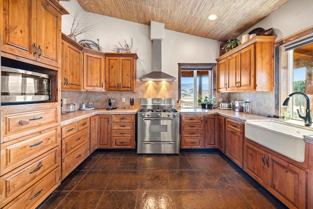 13750 Cuyama Hwy, Cuyama, CA 93461 - kitchen featuring stainless steel appliances, a sink, healthy amount of natural light, wall chimney exhaust hood, and wooden ceiling