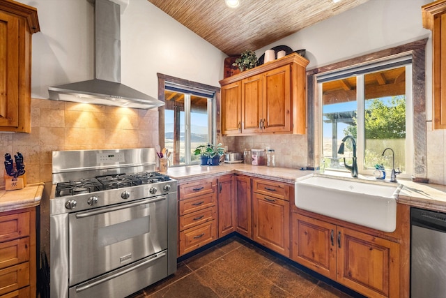 13750 Cuyama Hwy, Cuyama, CA 93461 - kitchen featuring appliances with stainless steel finishes, wall chimney exhaust hood, a sink, light countertops, and wood ceiling