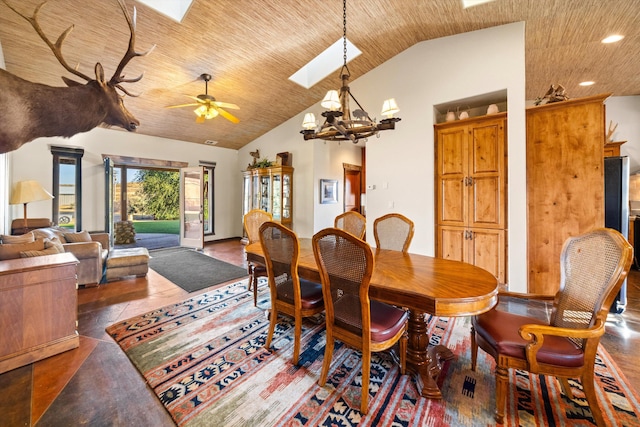 13750 Cuyama Hwy, Cuyama, CA 93461 - dining room featuring a skylight, ceiling fan, high vaulted ceiling, wood ceiling, and recessed lighting