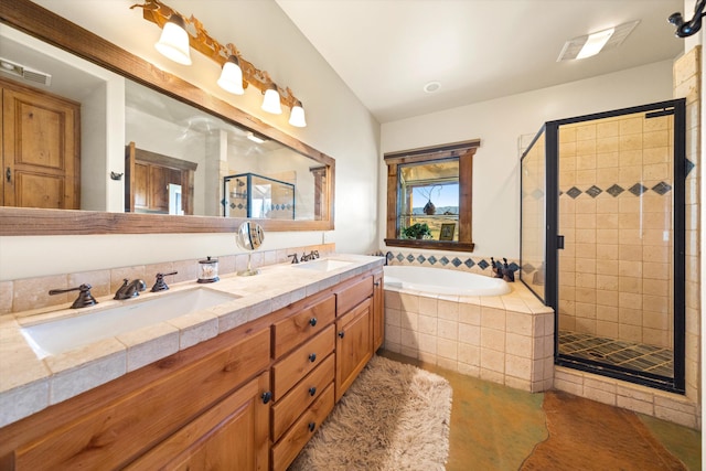 13750 Cuyama Hwy, Cuyama, CA 93461 - bathroom with a shower stall, a garden tub, double vanity, and tile patterned floors