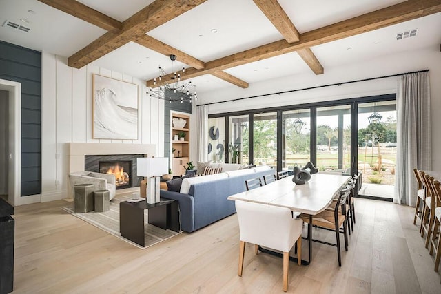 123 Polo Way, Santa Barbara, CA 93013 - dining room with coffered ceiling, light wood-style floors, beam ceiling, a premium fireplace, and built in features