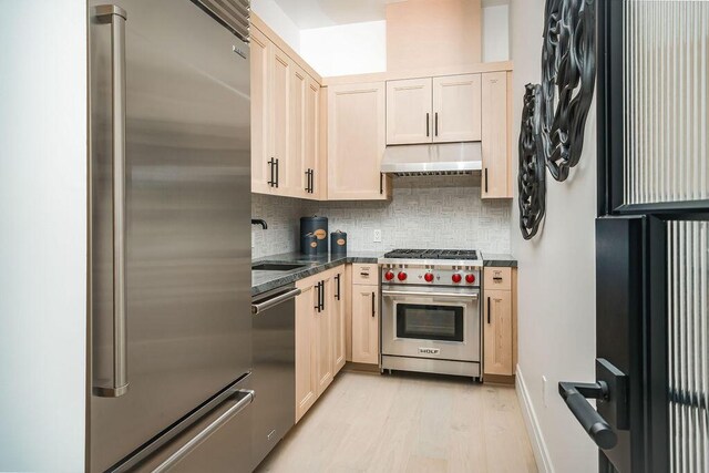 123 Polo Way, Santa Barbara, CA 93013 - kitchen featuring high quality appliances, under cabinet range hood, light wood-type flooring, and tasteful backsplash