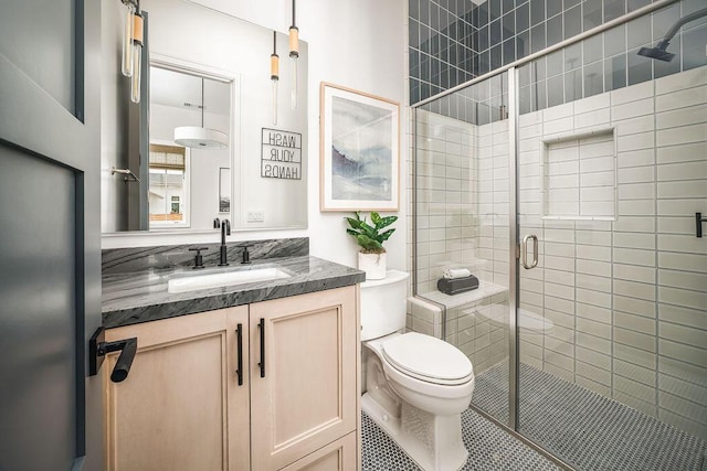 123 Polo Way, Santa Barbara, CA 93013 - full bath featuring vanity, a stall shower, and tile patterned floors