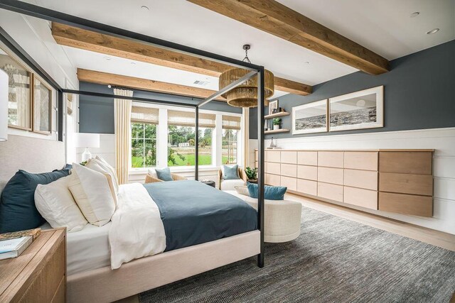 123 Polo Way, Santa Barbara, CA 93013 - bedroom featuring beam ceiling, light wood finished floors, and wainscoting