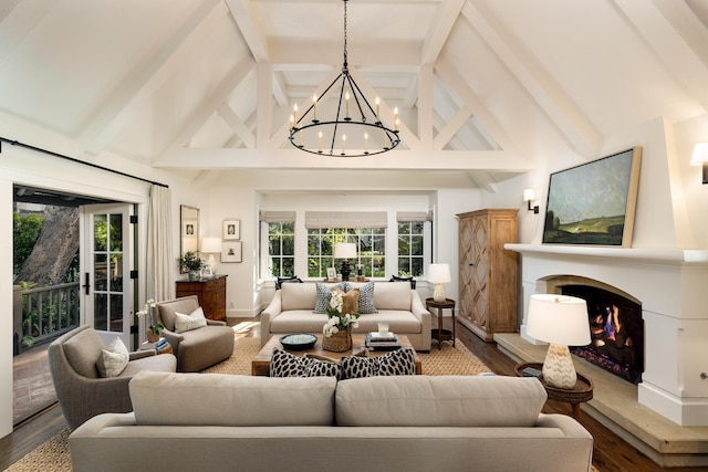 1479 Bonnymede Dr, Santa Barbara, CA 93108 - living area with a chandelier, a lit fireplace, wood finished floors, and healthy amount of natural light