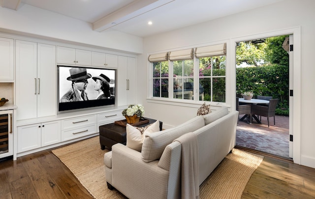 1479 Bonnymede Dr, Santa Barbara, CA 93108 - living area with beamed ceiling, dark wood finished floors, recessed lighting, and wine cooler