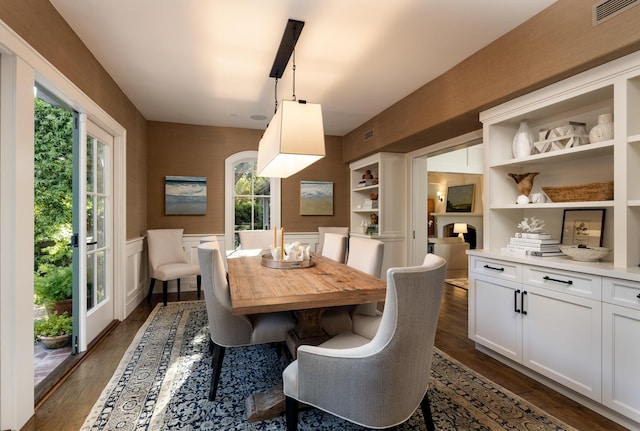 1479 Bonnymede Dr, Santa Barbara, CA 93108 - dining space featuring dark wood-type flooring, a wainscoted wall, built in shelves, arched walkways, and a decorative wall