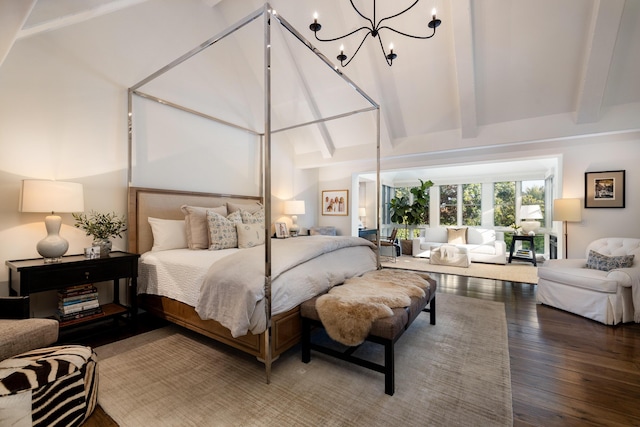 1479 Bonnymede Dr, Santa Barbara, CA 93108 - bedroom with a chandelier, wood-type flooring, beamed ceiling, and high vaulted ceiling