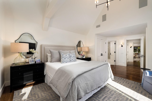 1479 Bonnymede Dr, Santa Barbara, CA 93108 - bedroom featuring wood finished floors, baseboards, and high vaulted ceiling