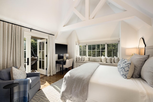 1479 Bonnymede Dr, Santa Barbara, CA 93108 - bedroom with access to exterior, high vaulted ceiling, beamed ceiling, and wood finished floors