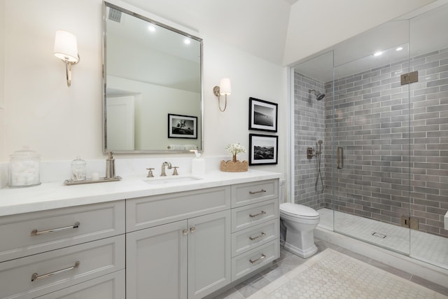 1479 Bonnymede Dr, Santa Barbara, CA 93108 - full bathroom featuring vanity, a shower stall, tile patterned flooring, and toilet