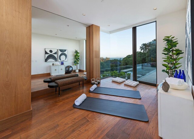 356 Woodley Rd, Montecito, CA 93108 - exercise room featuring wood-type flooring and floor to ceiling windows