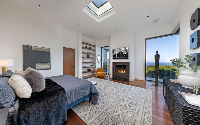 356 Woodley Rd, Montecito, CA 93108 - bedroom featuring a premium fireplace, a skylight, and wood finished floors