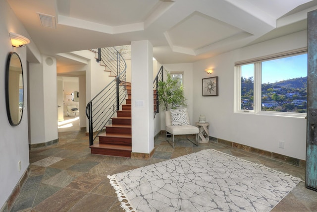 62 Canon View Rd, Montecito, CA 93108 - entryway with stone tile floors, baseboards, stairway, and coffered ceiling