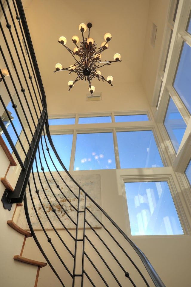 62 Canon View Rd, Montecito, CA 93108 - stairs featuring a chandelier and a towering ceiling