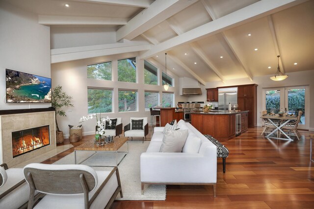 62 Canon View Rd, Montecito, CA 93108 - living room featuring french doors, high vaulted ceiling, a premium fireplace, recessed lighting, and beamed ceiling