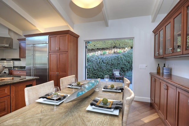 62 Canon View Rd, Montecito, CA 93108 - dining space with beam ceiling, light wood-style floors, and baseboards
