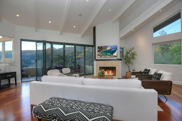 62 Canon View Rd, Montecito, CA 93108 - living area featuring hardwood / wood-style floors, a fireplace, high vaulted ceiling, and beamed ceiling
