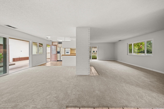 4634 Puente Plz, Santa Barbara, CA 93110 - unfurnished living room featuring light carpet, a textured ceiling, and ornate columns