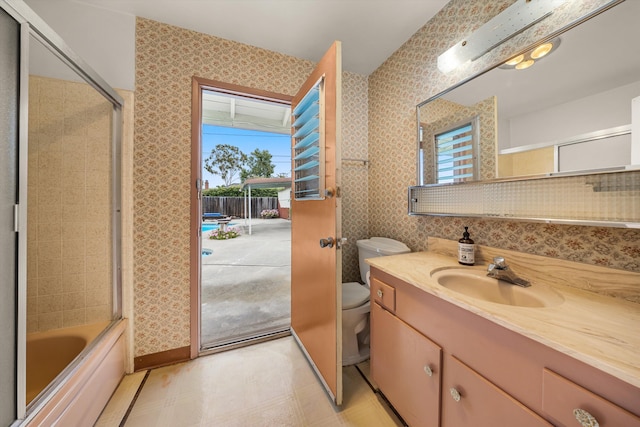 4634 Puente Plz, Santa Barbara, CA 93110 - bathroom with vanity, wallpapered walls, and enclosed tub / shower combo